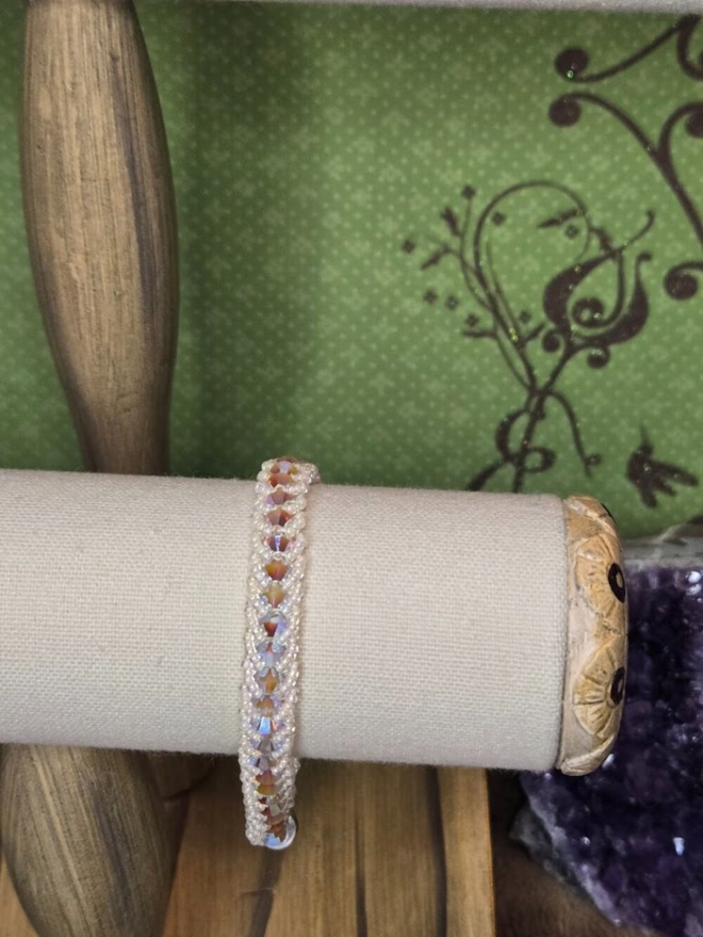Handmade Ivory Japanese Seed Bead and AB Swarovski Crystal Bracelet